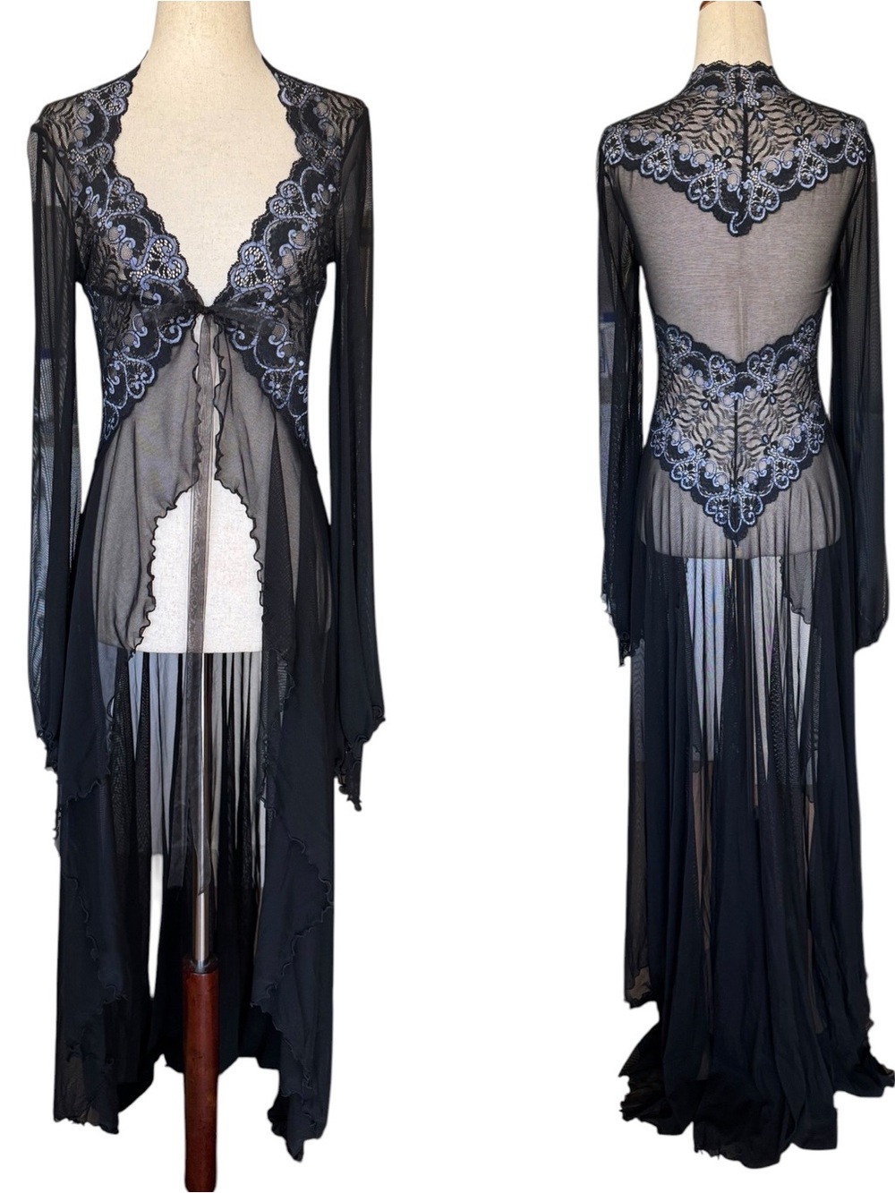 Trashy Lingerie Desiree Sheer Mesh Long Black Robe Blue Lace Medium